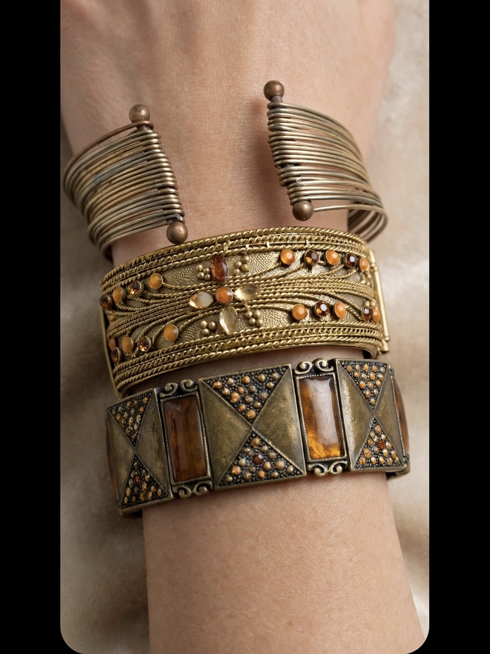 Vintage Boho Bracelet Stack Set of 3 | Amber Rhinestone Bangle + Bronze Stretch